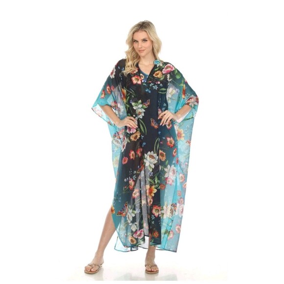Johnny Was Ombre Garden Swim Cover Up S/M Black NWT Beach Kaftan Boho Floral - Picture 1 of 5
